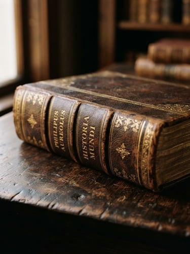 Close-up of a beautifully preserved leather-bound book with gold leaf lettering on a dark wood table, soft window light, warm academic tones