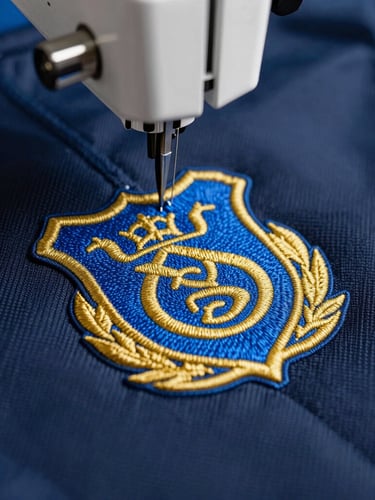 Macro close-up of a high-speed embroidery machine stitching a bold gold and royal blue athletic crest onto a heavy navy canvas jacket, bright directional studio lighting, shallow depth of field