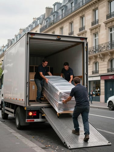 Wide shot of a moving truck rear door open in a Parisian street, workers sliding a wrapped piece of furniture up the ramp, overcast daylight, Haussmann building façade visible in background