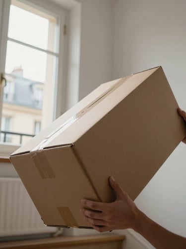 Close-up of hands gripping a large cardboard box being lifted in a Parisian apartment stairwell, natural north-facing window light, no faces visible, movement implied