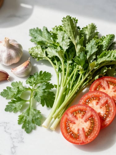 Overhead flat-lay of vibrant fresh herbs, garlic cloves, and sliced heirloom tomatoes on a sunlit white marble kitchen counter, bright natural morning daylight, soft shadows.