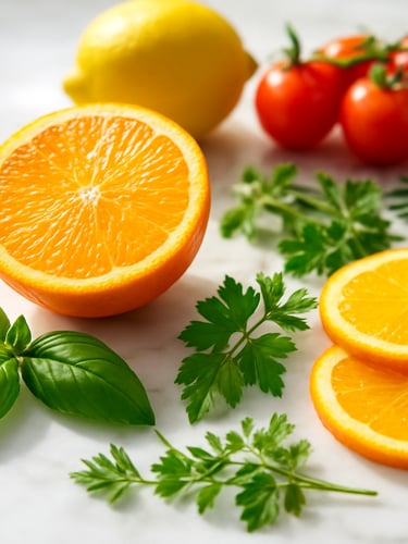 Close-up shot of fresh vibrant ingredients on a bright marble kitchen counter under natural morning daylight, herbs and sliced citrus visible