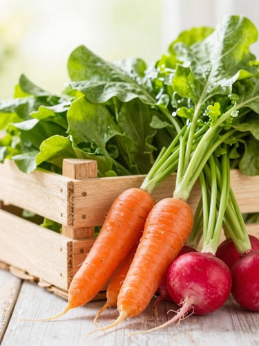 A bright, sunlit wooden crate overflowing with freshly harvested leafy greens, bright orange carrots, and ripe red radishes on a rustic table, soft morning daylight, shallow depth of field.