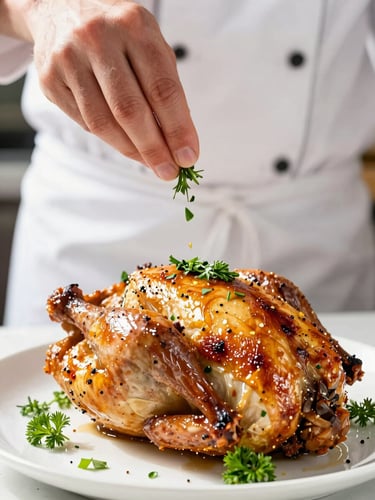 Vibrant close-up of a chef hand-sprinkling fresh green herbs onto a plated roasted chicken dish, bright morning natural daylight, shallow depth of field
