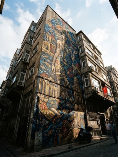Low-angle looking up at a massive hand-painted mural on a 10-story concrete building in Istanbul, dramatic daylight casting high-contrast shadows, architectural texture, wide-angle 35mm photography.
