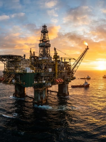Wide environmental shot of a massive offshore oil platform at dawn, deep forest green and steel tones, dramatic golden-hour light, cinematic depth of field.