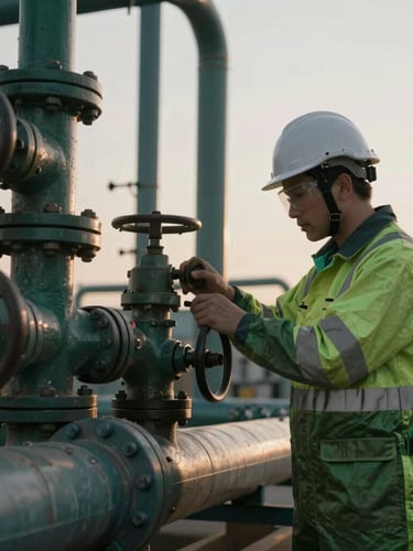 Close-up of a technical engineer in high-visibility PPE adjusting valves on an industrial pipeline, crisp overcast daylight, cinematic depth of field.