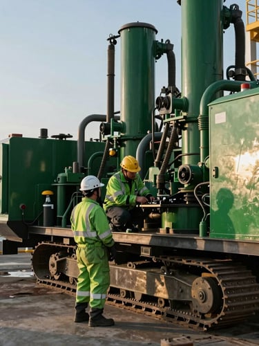 Technical crew in high-visibility green PPE inspecting heavy machinery on an onshore industrial site, bright daylight, crisp details.
