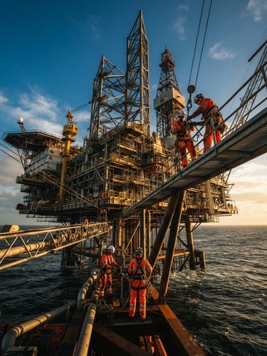 Low-angle heroic shot of an offshore oil platform under crisp daylight, technical crew in high-visibility orange PPE working on structural rigging, cinematic depth of field