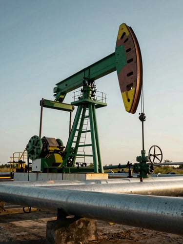 Low-angle heroic shot of an onshore oil pipeline facility, technical steel pipes, clean daylight, forest green accents