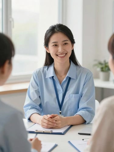 A professional female social worker in bright, natural daylight, conducting an interactive community workshop, smiling warmly, clean professional tones, sharp focus, 35mm