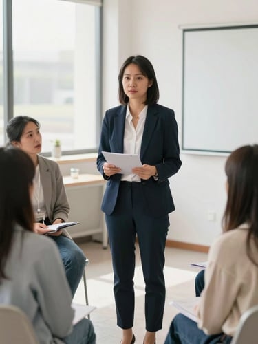 Bright editorial photograph, natural daylight, a professional female social worker leading an interactive community workshop in a well-lit modern center, 35mm