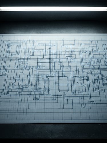 Extreme close-up of a detailed industrial operations blueprint pinned flat on a steel work surface under harsh cool white overhead fluorescent light, grid lines and notation marks crisp, no people, high contrast shadows at the edges of the paper