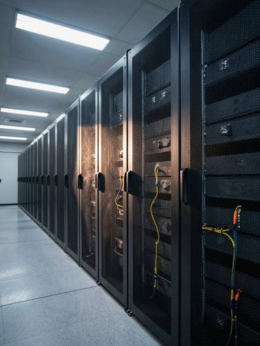 Wide-angle interior of an operations floor at night, server racks and cable trays receding to a vanishing point at the left edge, cool overhead fluorescent lighting casting sharp geometric shadows across brushed-steel surfaces, no people, extreme depth of field