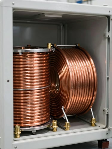 A clean, high-contrast photograph of copper coils and brass fittings inside a modern refrigeration unit, bright and natural industrial lighting.