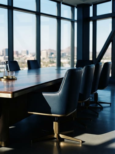 Sharp architectural crop of an empty high-end boardroom in Phoenix, cool morning light cutting through glass windows, deep navy shadows, high-contrast, 35mm