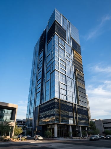Sharp architectural photograph of a modern glass office skyscraper in Phoenix, cool morning light, high-contrast shadows, clean lines, 35mm
