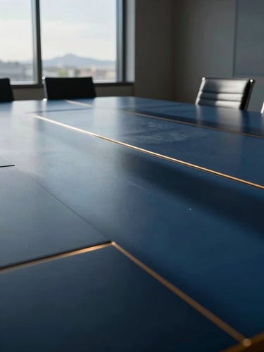 Empty high-end corporate boardroom in Phoenix, sharp shadows, cool morning light cutting through glass windows, extreme close-up of structural table lines, 35mm