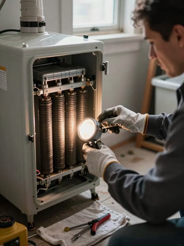 Close-up of technician gloved hands opening a residential furnace service panel in a Montreal basement, task lighting illuminating the heat exchanger components, natural daylight from a small window behind, tools laid on a clean cloth nearby