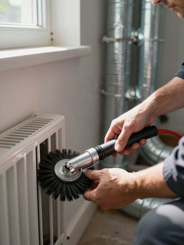 Technician hands guiding a flexible duct-cleaning brush through an open floor register in a residential basement, natural daylight from a small window illuminating dust particles in the air, clean metal ductwork visible in background