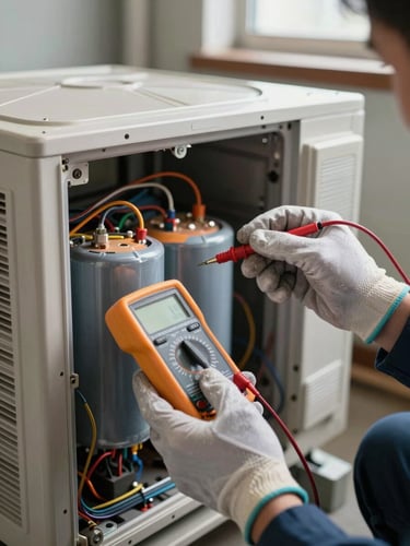 Close-up of a technician's gloved hands using a multimeter to test the capacitor inside an open central air conditioning unit in a South Shore Montreal basement, task lighting illuminating the components, natural light from a small window in background, wiring and clean internals clearly visible