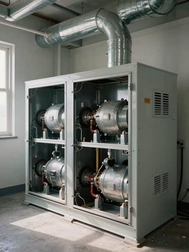 Wide environmental shot of a clean residential mechanical room on the South Shore, furnace with open access panel showing tidy internals, ductwork overhead, concrete floor, north-facing window light casting soft shadows across the equipment