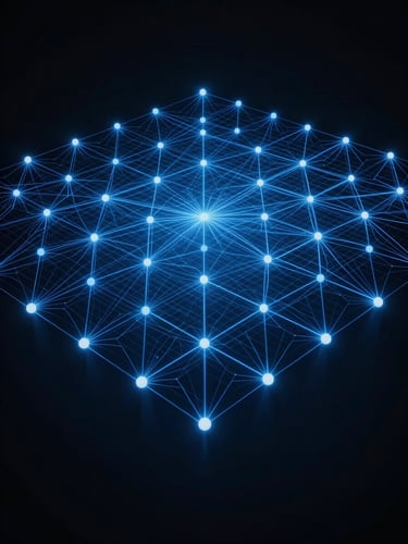 Abstract clean node-based network diagram, glowing blue lines connecting structured architectural grid points, low-key high-contrast studio lighting, dark background