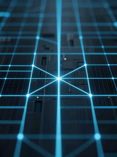 Symmetrical macro close-up of a structured digital network grid, glowing blue data lines cutting through a dark technical environment, high contrast, minimalist, clean, 3:4 aspect ratio