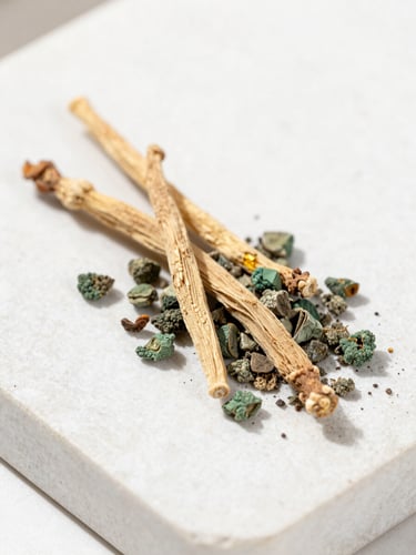 Macro photograph of dried organic Ashwagandha roots on a clean white stone surface, bright natural daylight, sharp focus, premium commercial style