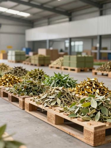 Wide-angle premium commercial photograph of a clean, modern warehouse in India, organized pallets of botanical ingredients under bright natural daylight