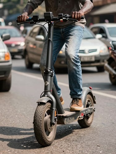 Dynamic low-angle shot of a Kenwing electric scooter navigating high-contrast Nairobi street traffic, bright equatorial daylight, focusing on the rugged front suspension and real Kenyan rider.