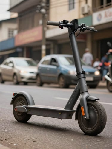 Low-angle tracking shot of a Kenwing electric scooter navigating a bustling Nairobi street in bright daylight, showcasing its rugged suspension.