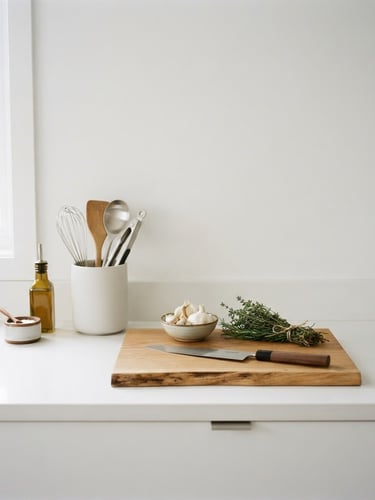 Wide shot of a minimalist, organized kitchen counter with unbranded, high-quality kitchen tools, clean natural daylight, soft shadows, crisp white background, 50mm