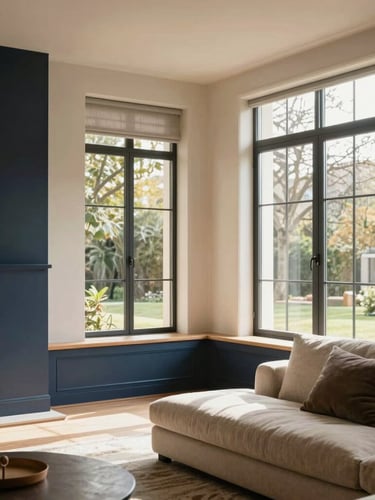Warm architectural photography of a beautifully renovated mid-century modern living room, soft natural daylight streaming through large steel-framed windows, elegant beige and navy interior accents, 35mm lens