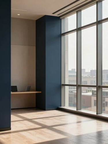 Warm editorial photography of a modern minimalist office interior, soft morning light streaming through large steel-framed windows, deep navy accents, professional atmosphere, 35mm lens