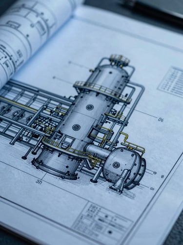 Macro technical detail of architectural blueprints for an industrial processing plant, illuminated by cool blue-toned studio lighting, sharp focus on structural lines.