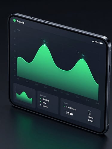 Isometric high-resolution mockup of a dark-mode Android system monitor app on a modern phone screen, vibrant green UI graphs casting subtle neon light, dark studio background.