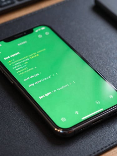 Macro shot of a modern Android phone resting on a dark technical workbench, vibrant green screen displaying clean UI syntax and code execution metrics.