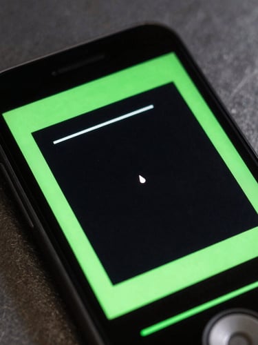 Macro studio shot of a mobile screen showing a minimalist neon-green arcade game interface, sharp vector lines, dark metallic background