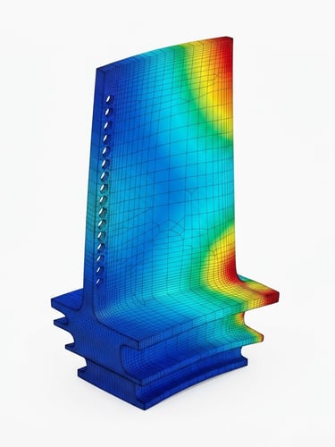 A high-precision 3D finite element analysis color plot of a turbine blade on a clean white background, bright studio lighting, sharp focus, technical schematic details.