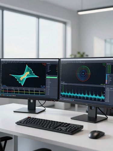 A clean modern engineering office with dual monitors displaying complex fluid dynamics simulations, bright daylight, cool tones, professional atmosphere.