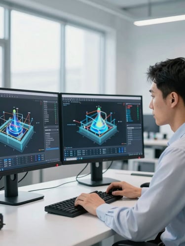 Medium shot of an industrial engineer analyzing a complex 3D fluid dynamics simulation on a dual-monitor workstation in a bright, modern, high-tech engineering office, clean daylight.