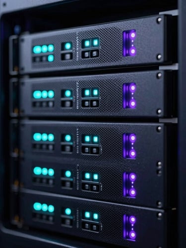 Close-up macro shot of a high-end server rack with subtle cyan and violet LED indicators, dark studio lighting, sharp focus.