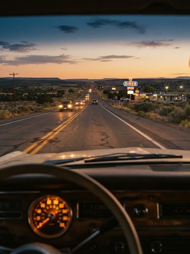 First-person driver perspective looking down a long two-lane highway at dusk, warm dashboard glow, neon diner sign flickering in the far distance, 35mm film style.