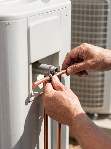 Close-up, authentic photograph of a technician's hands working on copper pipes of an outdoor AC condenser unit, tools neatly arranged, bright natural Colorado sunlight.