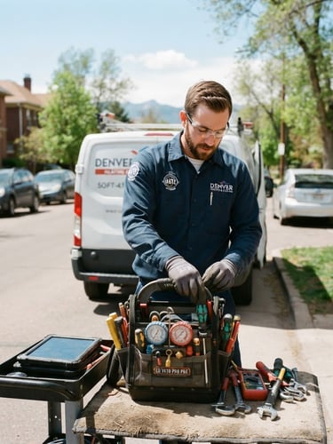 Authentic, medium shot of a NATE-certified technician in a clean uniform, preparing tools for a repair, with a Denver residential street in soft focus in the background, bright natural Colorado sunlight.