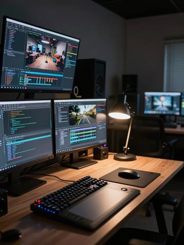 Wide shot of a dimly lit game development studio workspace at night, two monitors showing code and a scene editor in the left third, a mechanical keyboard and drawing tablet in the foreground under a single warm desk lamp, ambient glow from screens, documentary available light, no people visible