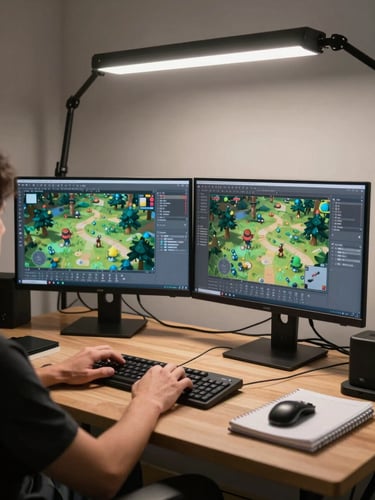 Wide documentary shot of a small studio workspace — two monitors showing game level geometry mid-build, hands resting on keyboard, available overhead light, cables and notebooks on the desk, no faces visible, honest and unposed