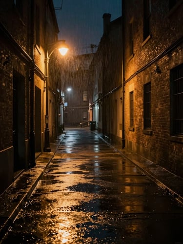 Wide environmental game screenshot at native resolution — a rain-soaked alleyway at night, amber street lamp casting long shadows on wet pavement, empty frame, in-game lighting untouched, cinematic stillness