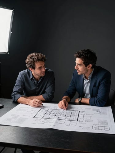 Wide environmental shot, left-side bleed, matte black desk surface in the foreground, Fernando and Diego mid-conversation leaning over a large printed strategic plan marked with handwritten notes, controlled studio strobe lighting from above-left casting sharp shadows that keep the matte black background deep, no smiles — focused operators at work, medium shot captured mid-sentence
